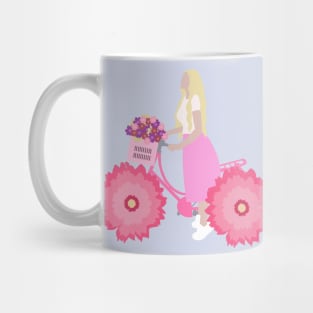 Illustration of a girl on a flower bike. Bright spring illustration Mug